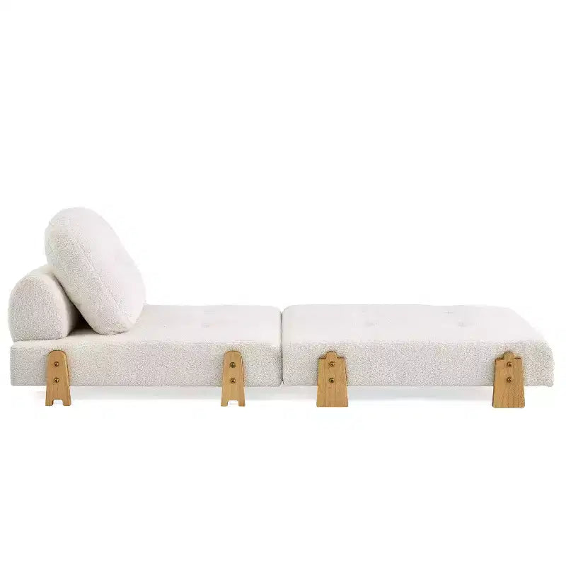 Canapé-lit convertible en tissu Teddy, fauteuil ottoman pliant capitonné avec oreiller et pieds en bois massif, beige