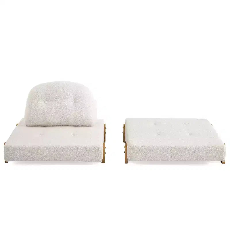 Canapé-lit convertible en tissu Teddy, fauteuil ottoman pliant capitonné avec oreiller et pieds en bois massif, beige