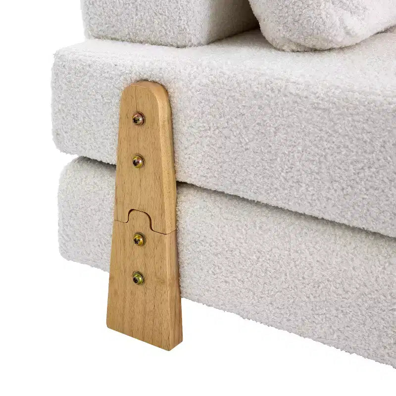 Canapé-lit convertible en tissu Teddy, fauteuil ottoman pliant capitonné avec oreiller et pieds en bois massif, beige