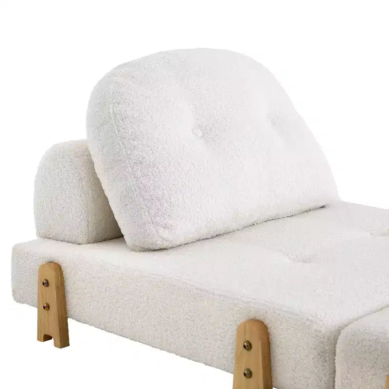 Canapé-lit convertible en tissu Teddy, fauteuil ottoman pliant capitonné avec oreiller et pieds en bois massif, beige