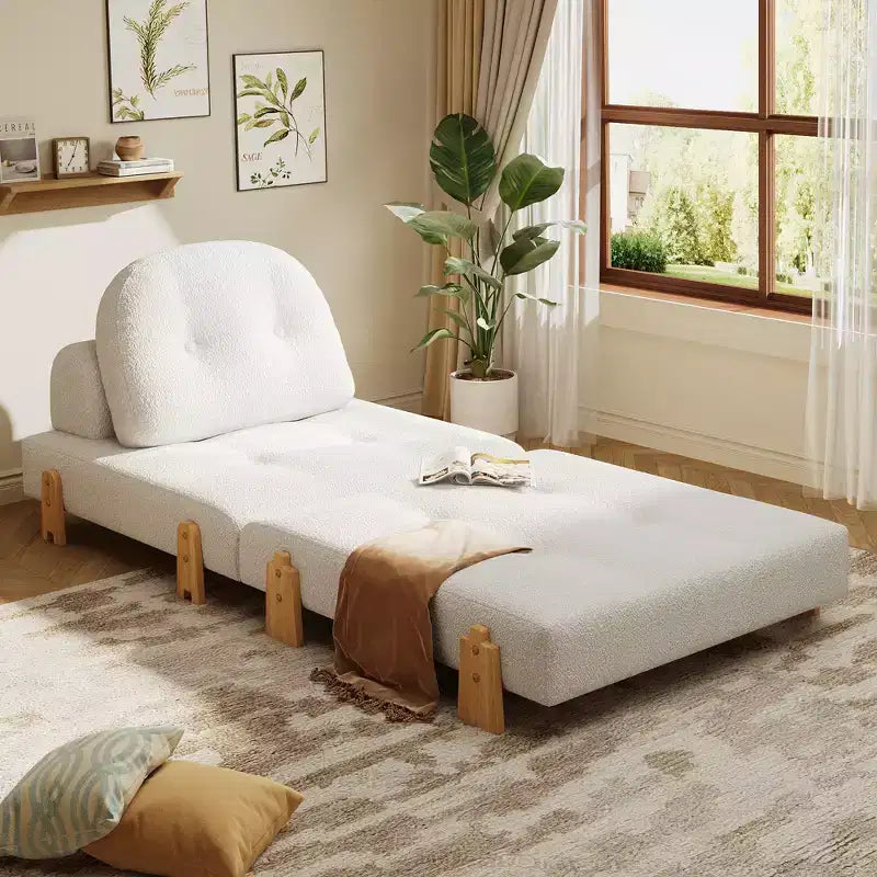 Canapé-lit convertible en tissu Teddy, fauteuil ottoman pliant capitonné avec oreiller et pieds en bois massif, beige