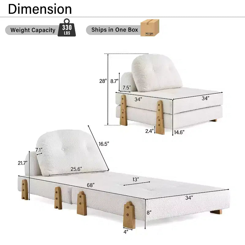 Canapé-lit convertible en tissu Teddy, fauteuil ottoman pliant capitonné avec oreiller et pieds en bois massif, beige