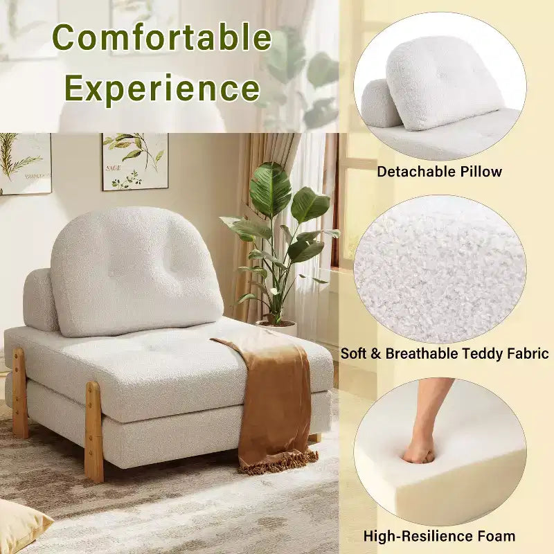 Canapé-lit convertible en tissu Teddy, fauteuil ottoman pliant capitonné avec oreiller et pieds en bois massif, beige