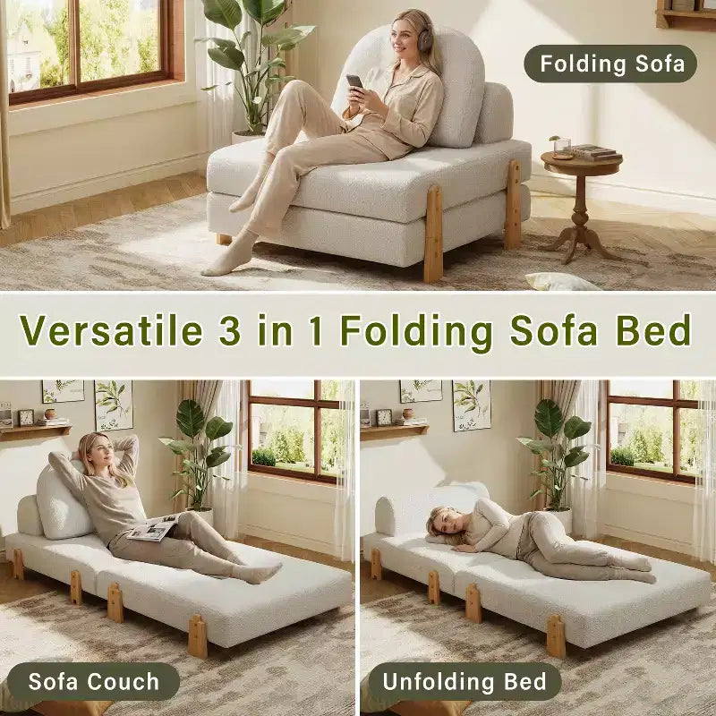 Canapé-lit convertible en tissu Teddy, fauteuil ottoman pliant capitonné avec oreiller et pieds en bois massif, beige