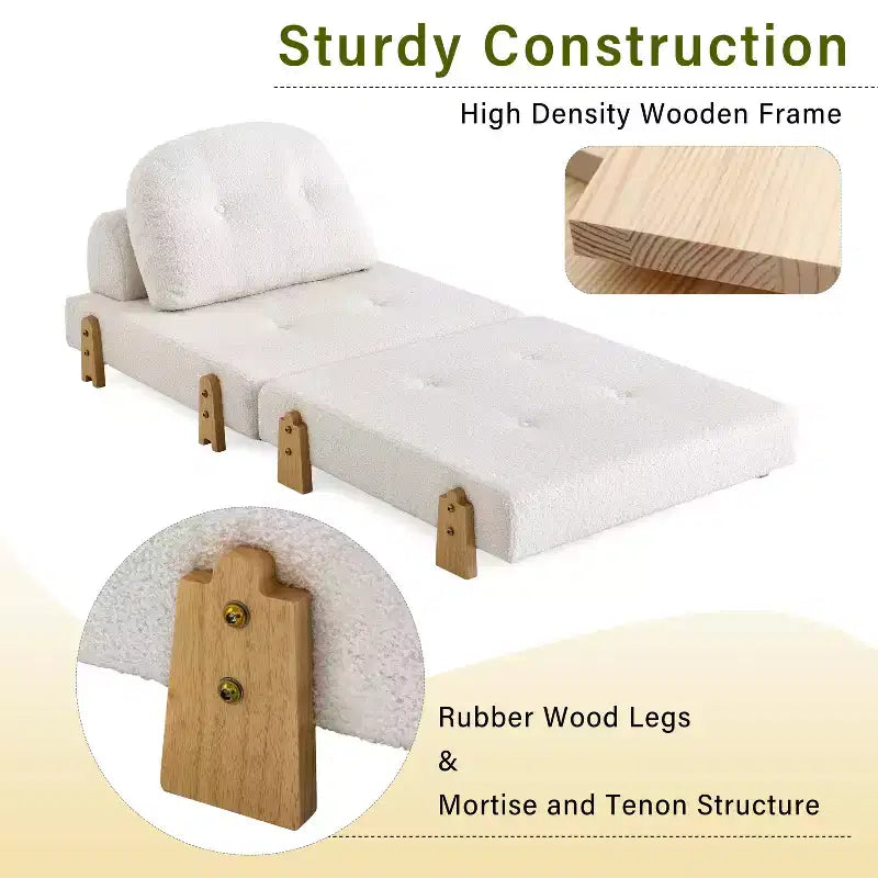 Canapé-lit convertible en tissu Teddy, fauteuil ottoman pliant capitonné avec oreiller et pieds en bois massif, beige