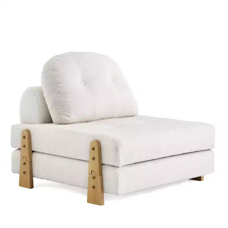 Canapé-lit convertible en tissu Teddy, fauteuil ottoman pliant capitonné avec oreiller et pieds en bois massif, beige