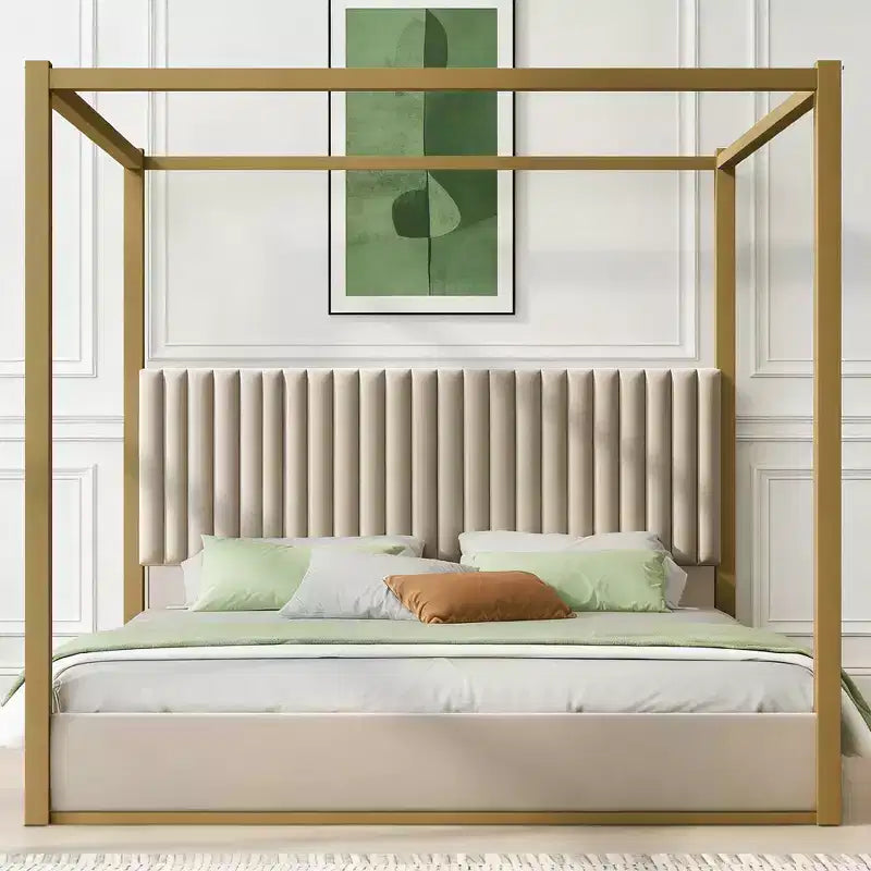 Lit plateforme à baldaquin moderne King Size Luxystar avec tête de lit capitonnée