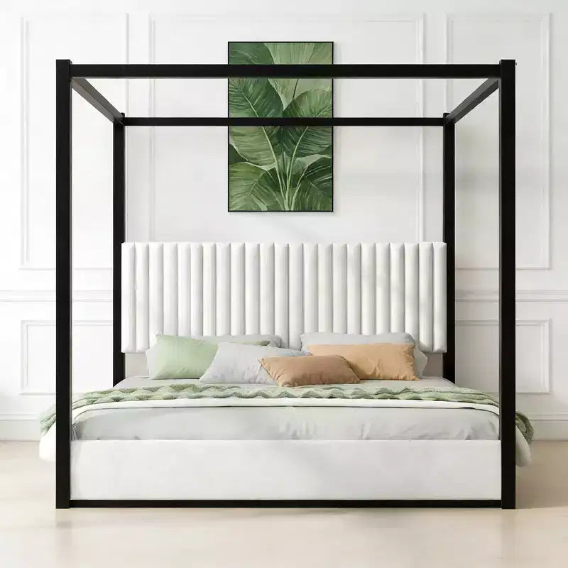 Lit plateforme à baldaquin moderne King Size Luxystar avec tête de lit capitonnée