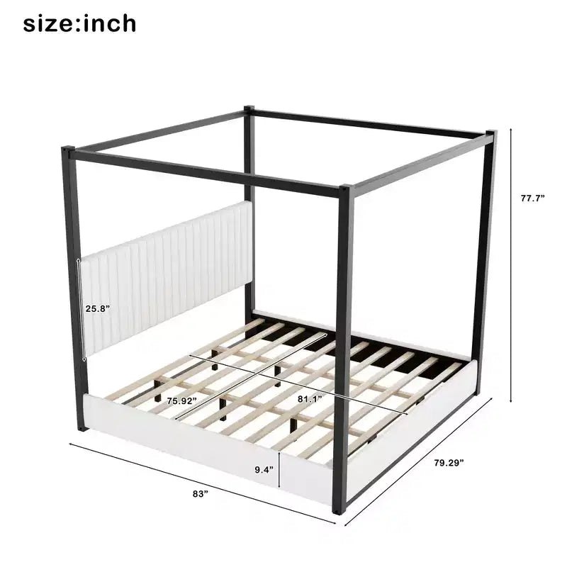 Lit plateforme à baldaquin moderne King Size Luxystar avec tête de lit capitonnée