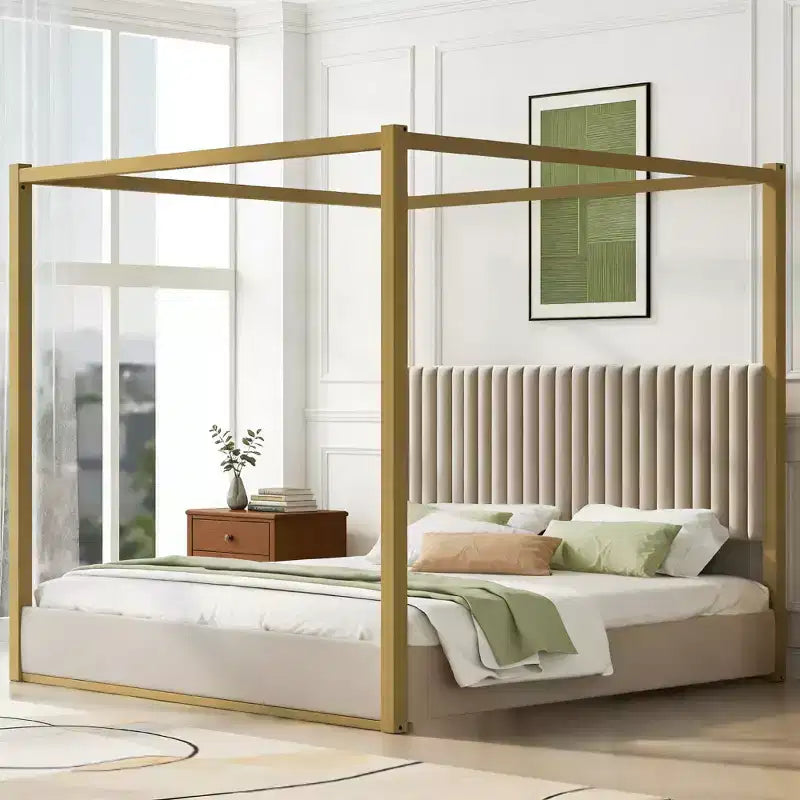 Luxystar King Size Modern Canopy Platform Bed with Upholsted Headboard and Metal Frame