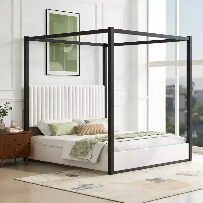 Lit plateforme à baldaquin moderne King Size Luxystar avec tête de lit capitonnée