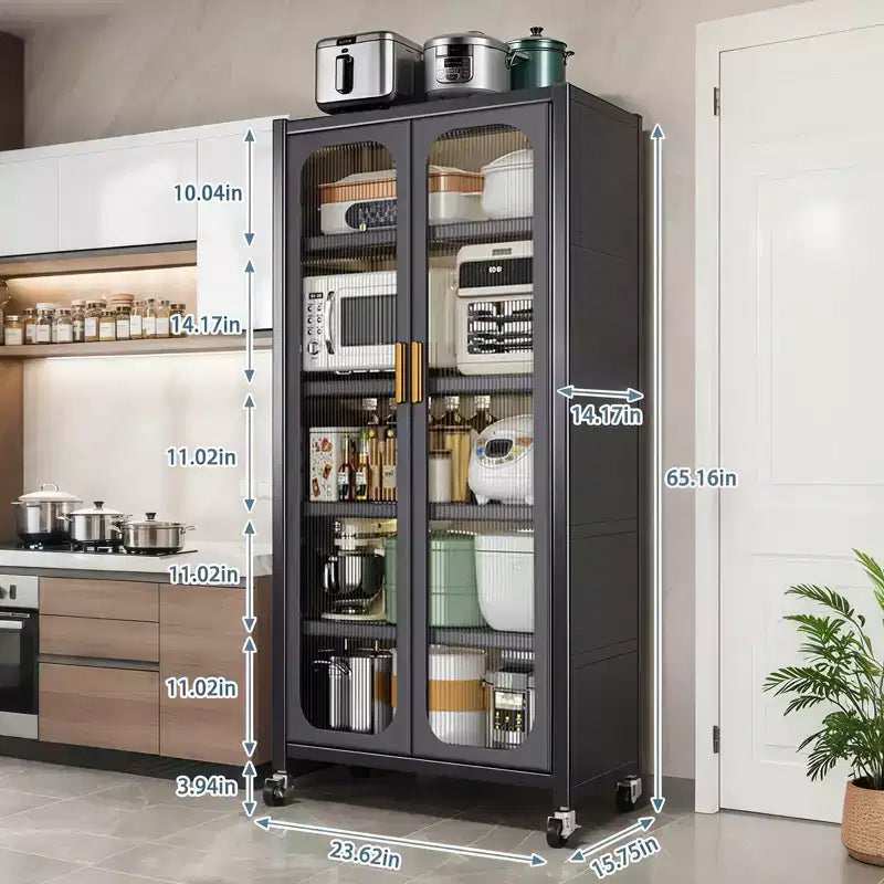 Meuble de rangement pour garde-manger de cuisine 65", meuble de rangement métallique à 6 niveaux avec porte transparente, pour cuisine, salon et salle à manger, gris