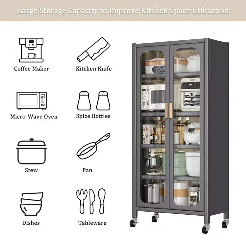 Meuble de rangement pour garde-manger de cuisine 65", meuble de rangement métallique à 6 niveaux avec porte transparente, pour cuisine, salon et salle à manger, gris
