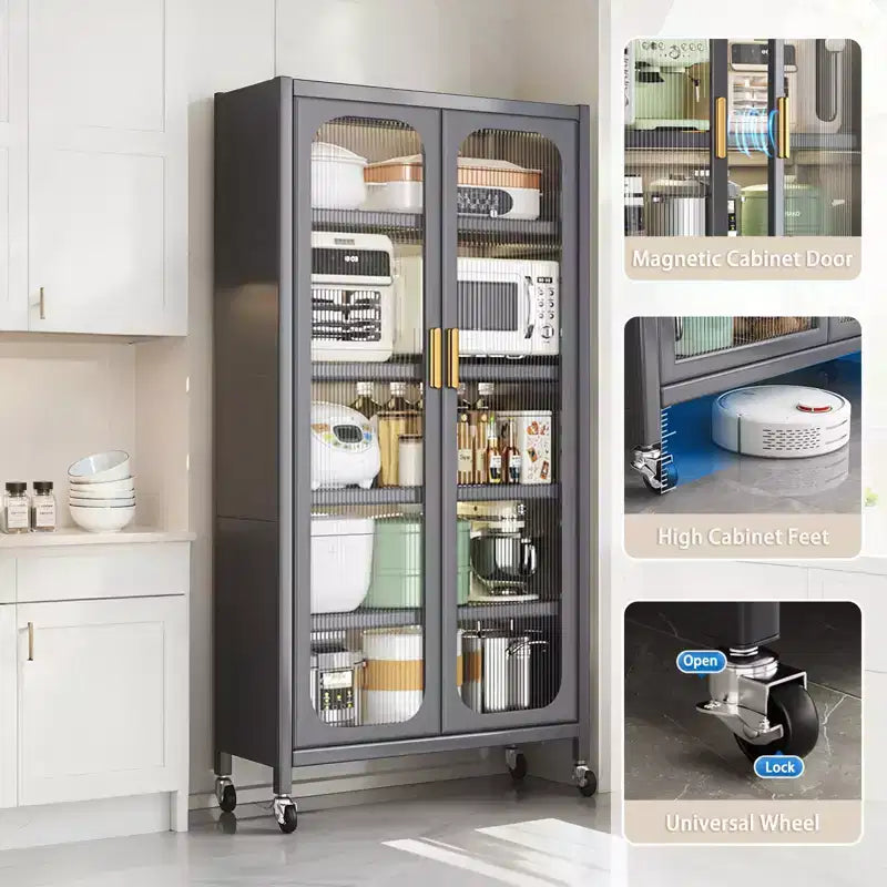 Meuble de rangement pour garde-manger de cuisine 65", meuble de rangement métallique à 6 niveaux avec porte transparente, pour cuisine, salon et salle à manger, gris