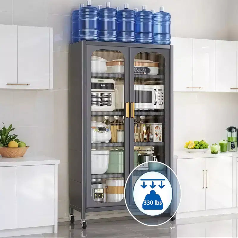Meuble de rangement pour garde-manger de cuisine 65", meuble de rangement métallique à 6 niveaux avec porte transparente, pour cuisine, salon et salle à manger, gris