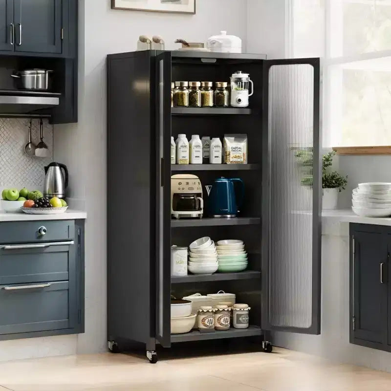 Meuble de rangement pour garde-manger de cuisine 65", meuble de rangement métallique à 6 niveaux avec porte transparente, pour cuisine, salon et salle à manger, gris