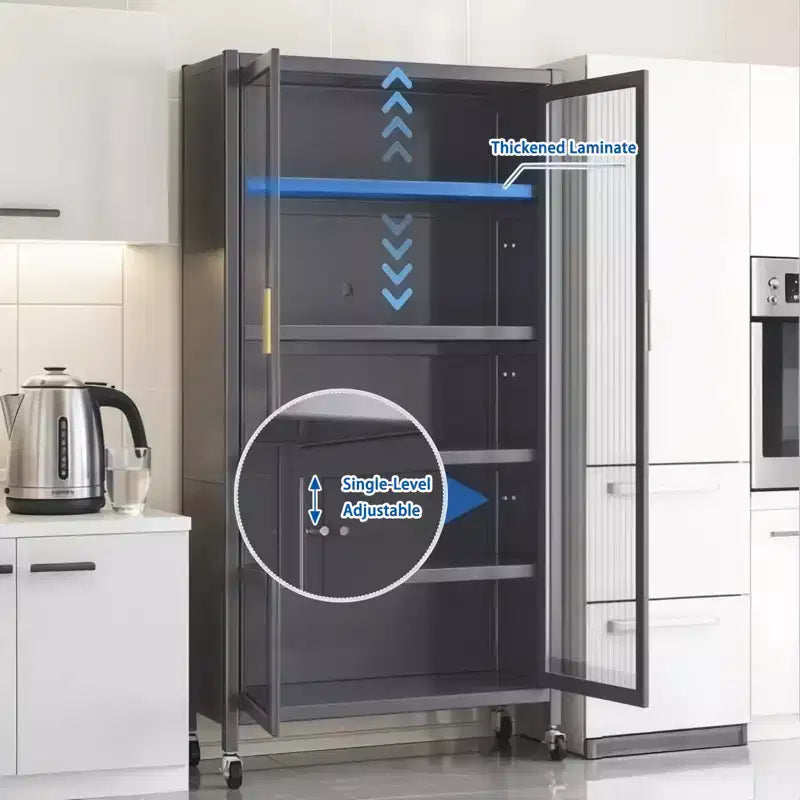 Meuble de rangement pour garde-manger de cuisine 65", meuble de rangement métallique à 6 niveaux avec porte transparente, pour cuisine, salon et salle à manger, gris