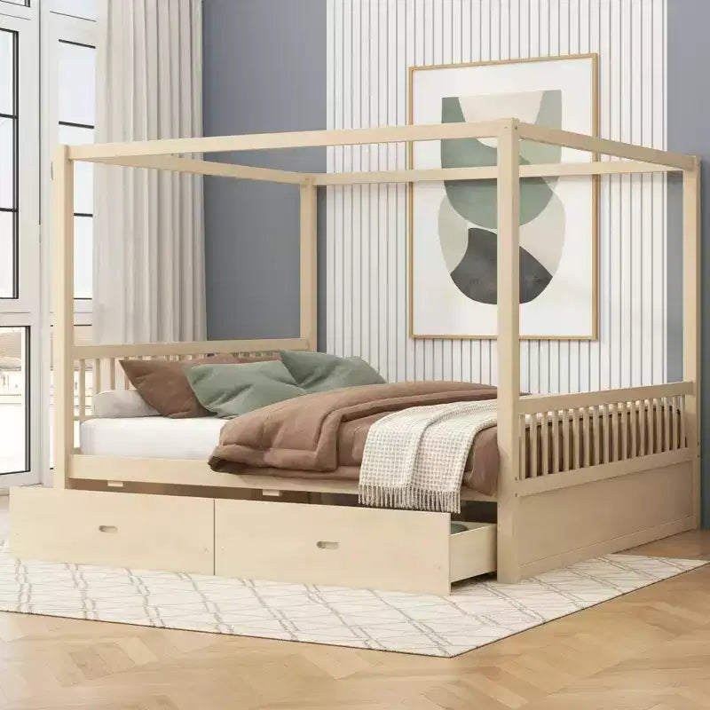 Polibi Rustic Wooden Canopy Bed with Storage Drawers