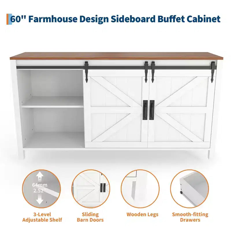 Buffet de salle à manger style ferme 60 po avec portes coulissantes de grange et 4 tiroirs, armoire de cuisine avec rangement pour salle à manger, bar à café