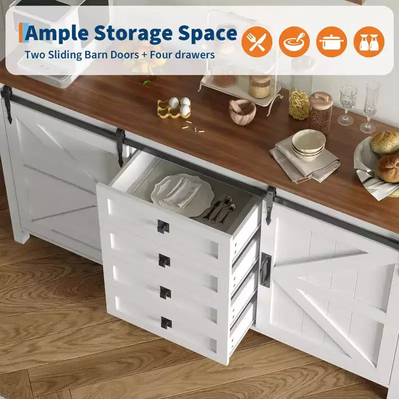 Buffet de salle à manger style ferme 60 po avec portes coulissantes de grange et 4 tiroirs, armoire de cuisine avec rangement pour salle à manger, bar à café