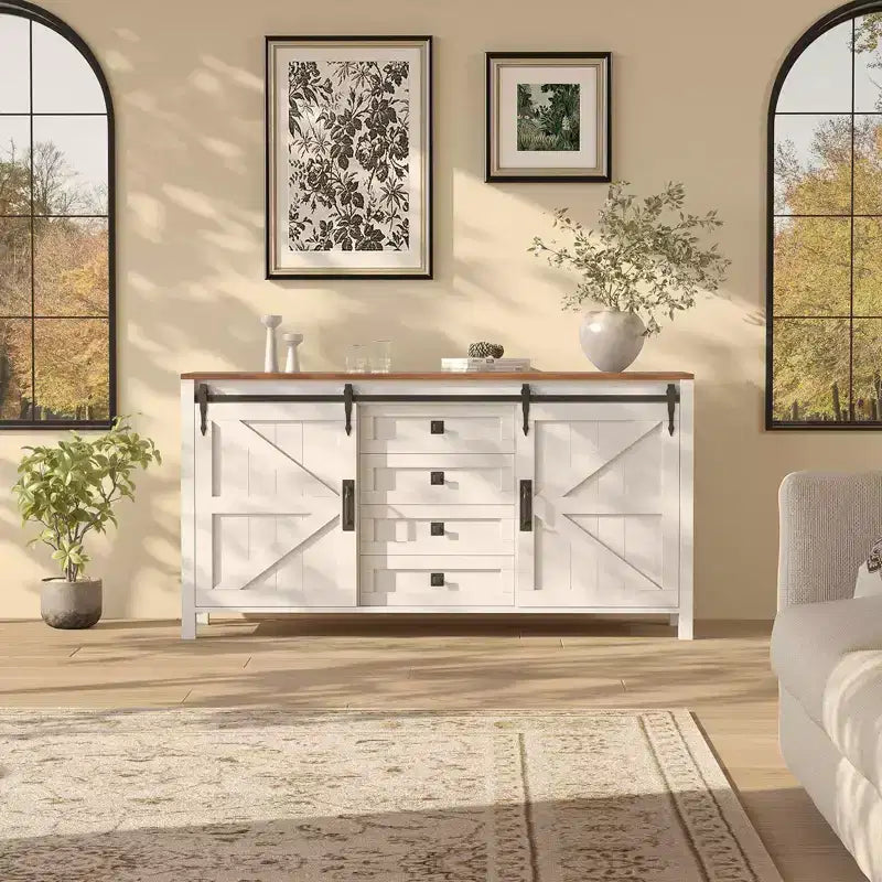 Buffet de salle à manger style ferme 60 po avec portes coulissantes de grange et 4 tiroirs, armoire de cuisine avec rangement pour salle à manger, bar à café