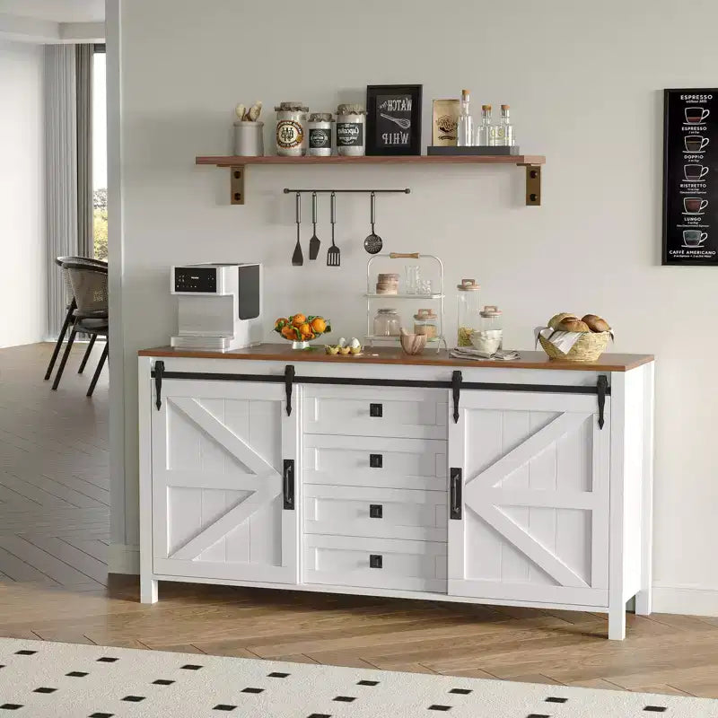 Buffet de salle à manger style ferme 60 po avec portes coulissantes de grange et 4 tiroirs, armoire de cuisine avec rangement pour salle à manger, bar à café