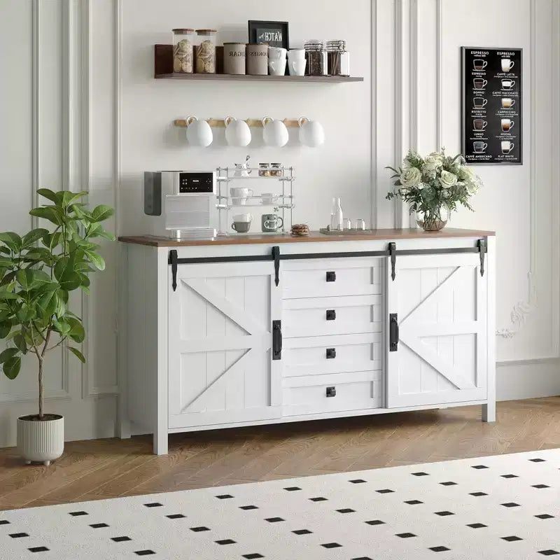 Buffet de salle à manger style ferme 60 po avec portes coulissantes de grange et 4 tiroirs, armoire de cuisine avec rangement pour salle à manger, bar à café