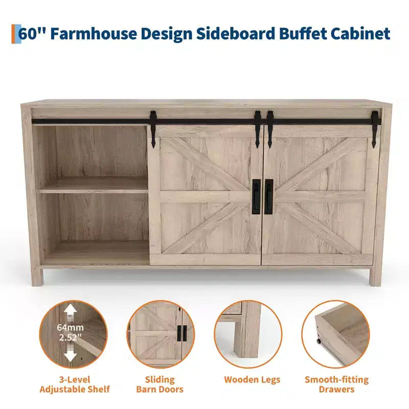 Buffet de salle à manger style ferme 60 po avec portes coulissantes de grange et 4 tiroirs, armoire de cuisine avec rangement pour salle à manger, bar à café