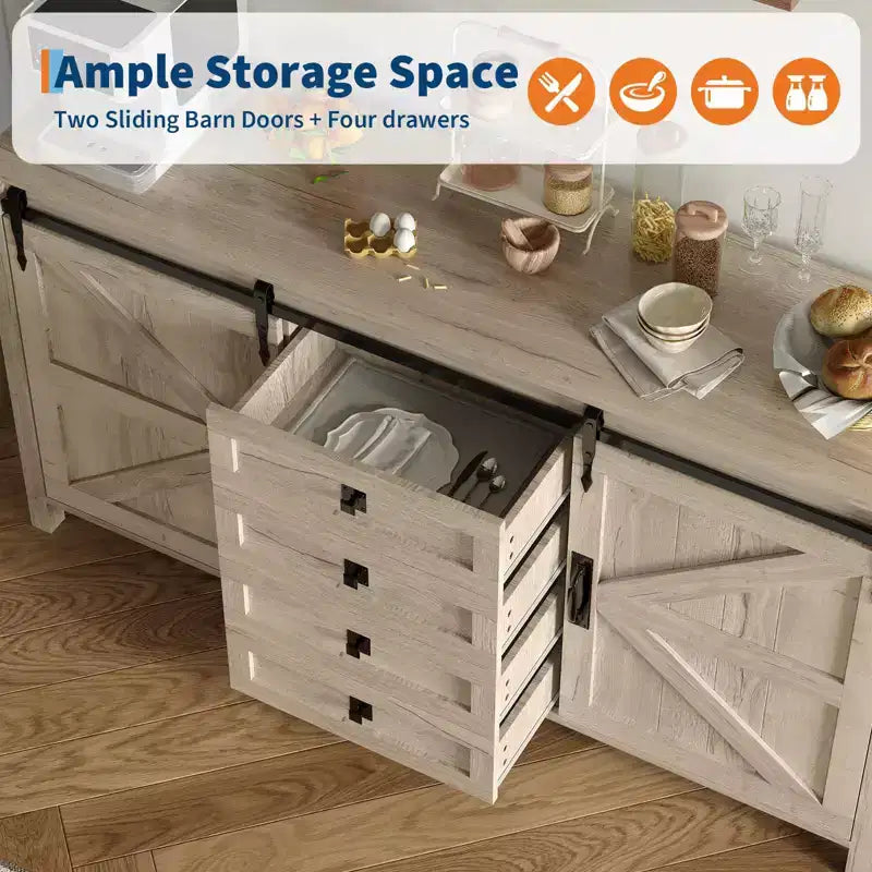 Buffet de salle à manger style ferme 60 po avec portes coulissantes de grange et 4 tiroirs, armoire de cuisine avec rangement pour salle à manger, bar à café