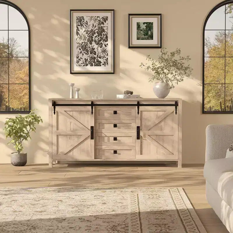 Buffet de salle à manger style ferme 60 po avec portes coulissantes de grange et 4 tiroirs, armoire de cuisine avec rangement pour salle à manger, bar à café