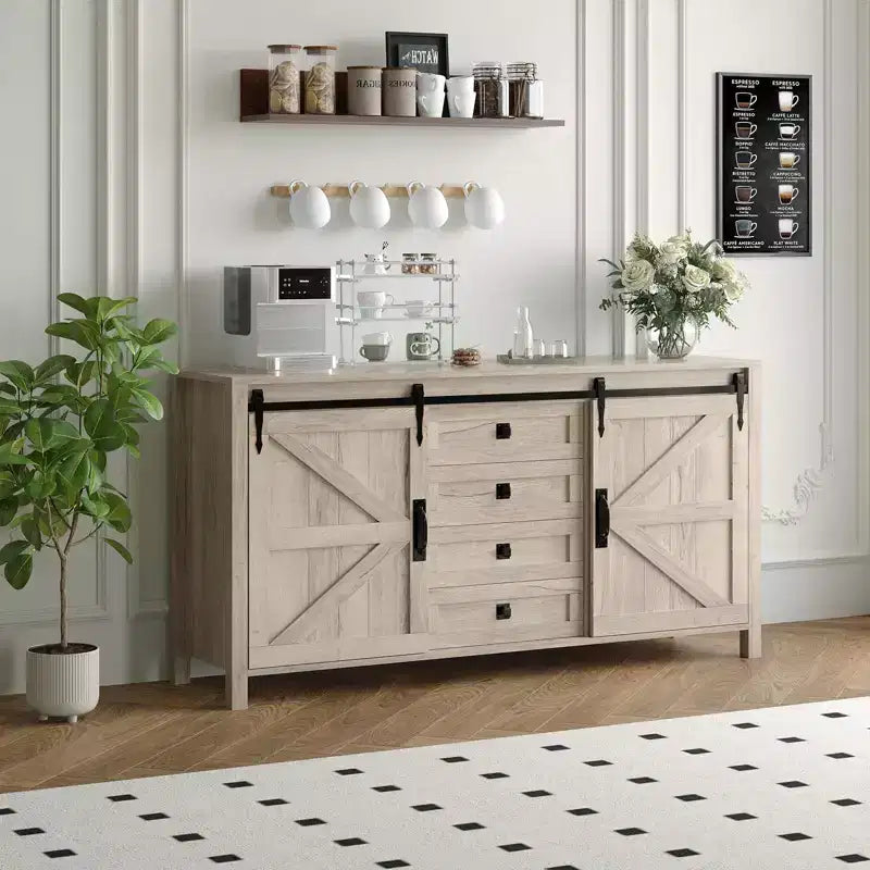 Buffet de salle à manger style ferme 60 po avec portes coulissantes de grange et 4 tiroirs, armoire de cuisine avec rangement pour salle à manger, bar à café