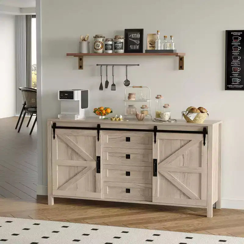 Buffet de salle à manger style ferme 60 po avec portes coulissantes de grange et 4 tiroirs, armoire de cuisine avec rangement pour salle à manger, bar à café