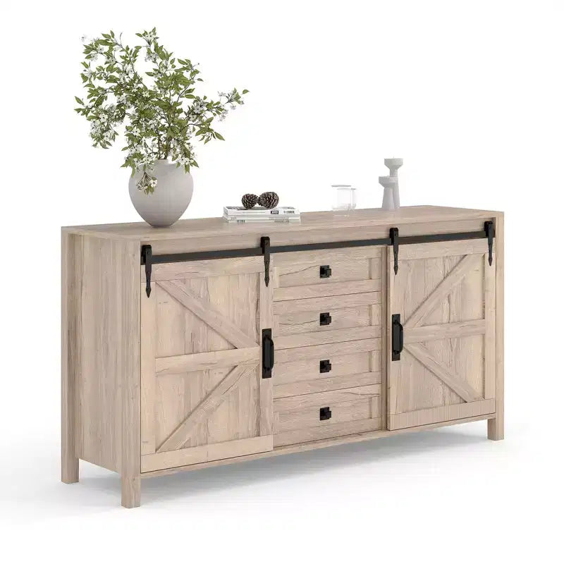 60 Farmhouse Sideboard Buffet Cabinet with Sliding Barn Doors & 4 Drawers, Kitchen Cabinet with Storage for Dining Room, Coffee Bar