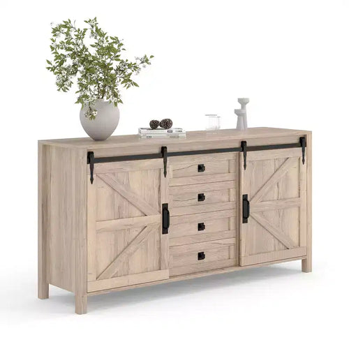 60 Farmhouse Sideboard Buffet Cabinet with Sliding Barn Doors & 4 Drawers, Kitchen Cabinet with Storage for Dining Room, Coffee Bar