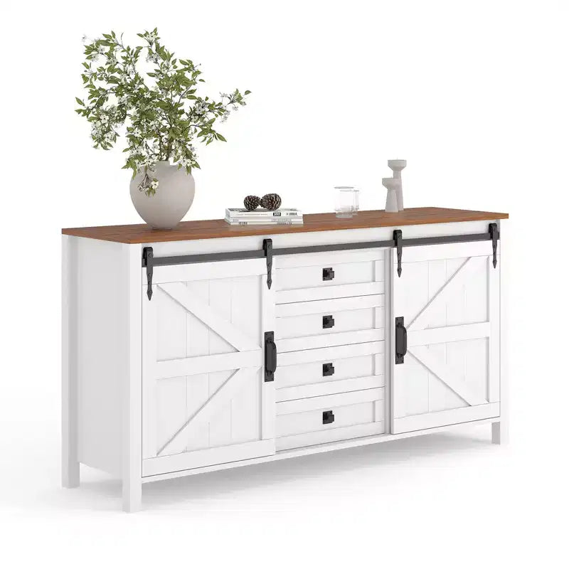 Buffet de salle à manger style ferme 60 po avec portes coulissantes de grange et 4 tiroirs, armoire de cuisine avec rangement pour salle à manger, bar à café