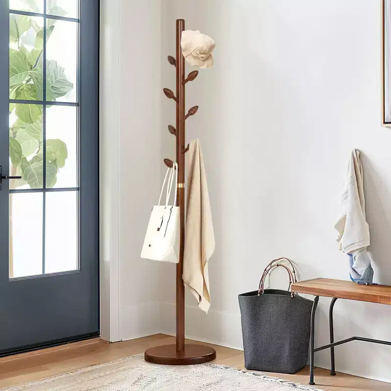 Bekrvio Wooden Freestanding Coat Rack with 8 Bud-shaped Hooks, Stable Round Base, Heavy Duty Wood Coat Tree Stand for Hallway Entryway, Brown