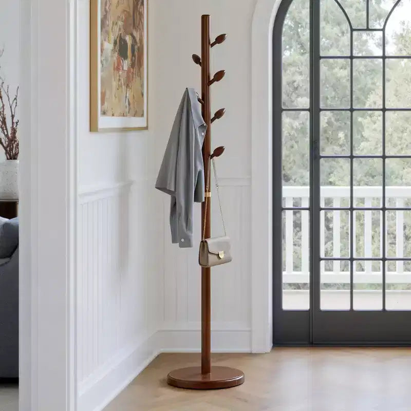 Porte-manteau sur pied en bois avec 8 crochets en forme de bourgeon, base ronde stable, arbre à manteaux en bois robuste pour couloir, marron