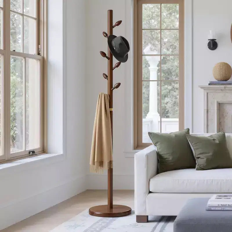 Porte-manteau sur pied en bois avec 8 crochets en forme de bourgeon, base ronde stable, arbre à manteaux en bois robuste pour couloir, marron