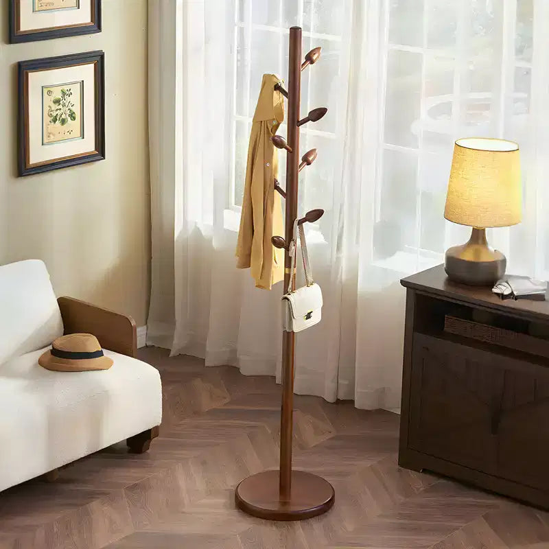 Porte-manteau sur pied en bois avec 8 crochets en forme de bourgeon, base ronde stable, arbre à manteaux en bois robuste pour couloir, marron