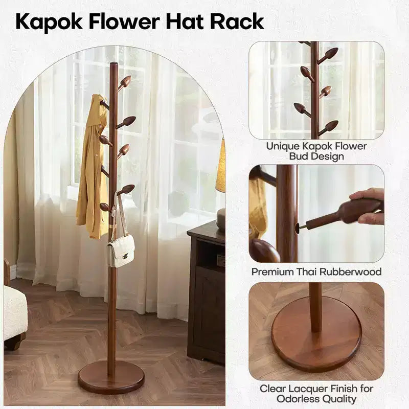 Porte-manteau sur pied en bois avec 8 crochets en forme de bourgeon, base ronde stable, arbre à manteaux en bois robuste pour couloir, marron