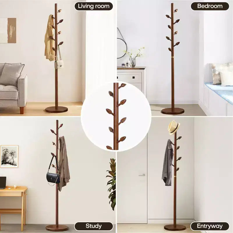 Porte-manteau sur pied en bois avec 8 crochets en forme de bourgeon, base ronde stable, arbre à manteaux en bois robuste pour couloir, marron