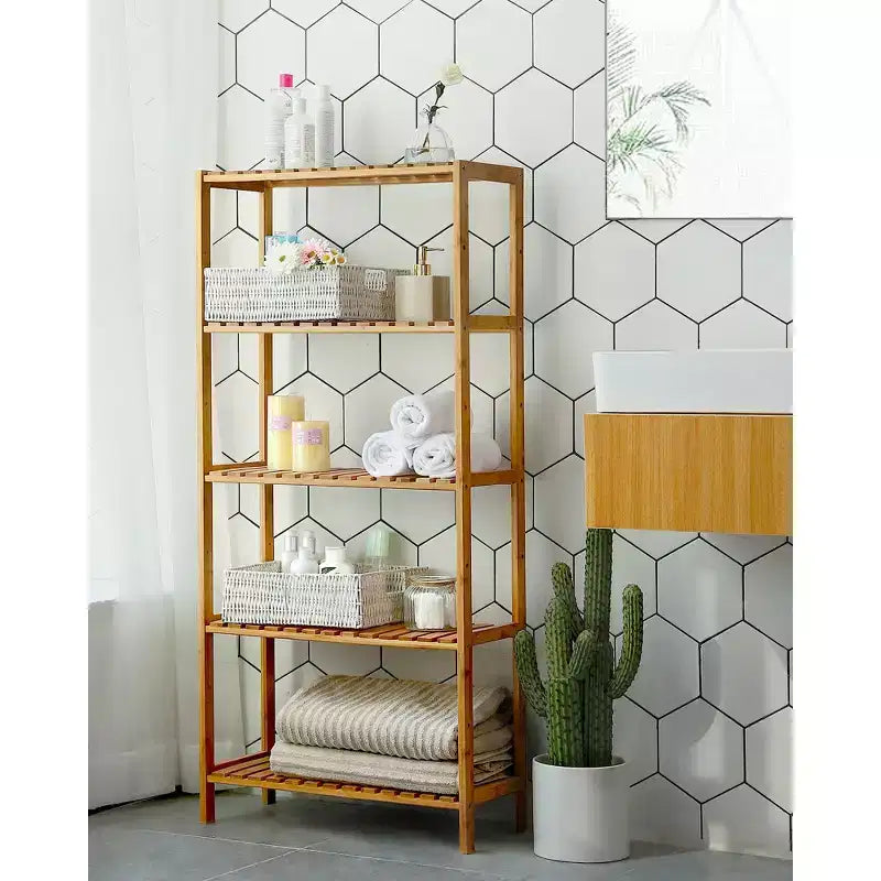 SONGMICS Bamboo Storage Shelf, 5-Tier Shelving Unit, Multifunctional, in the Entryway, Bathroom,10.2 x 23.6 x 51.2 Inches