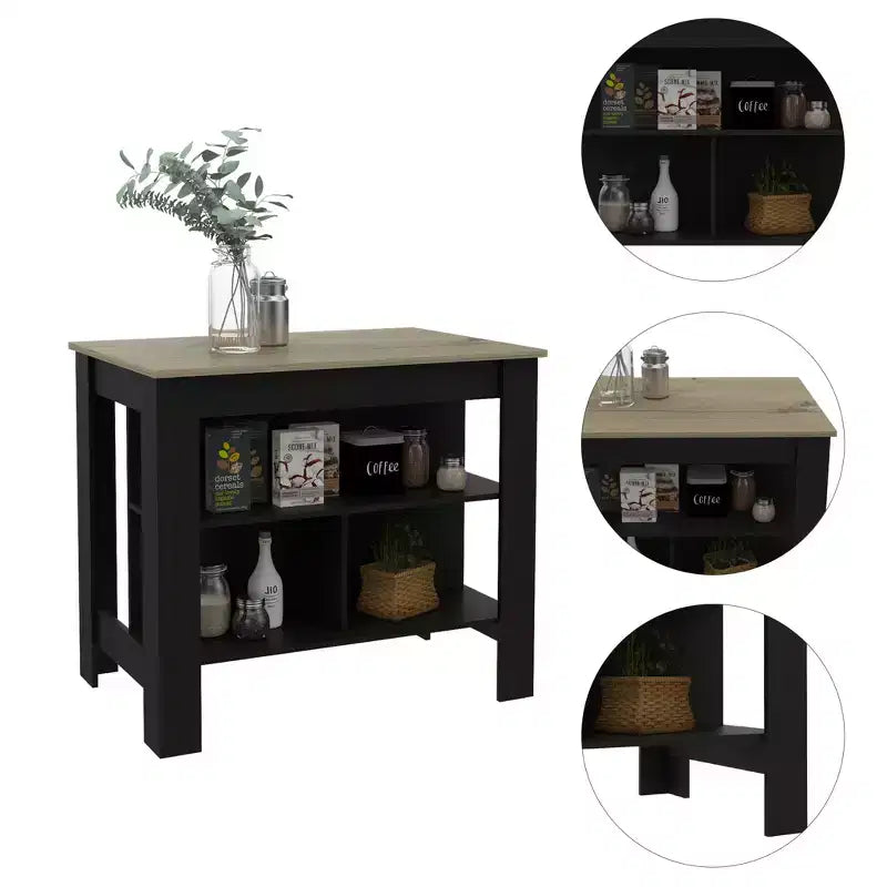 Îlot de cuisine 41 po noir et naturel avec rangement