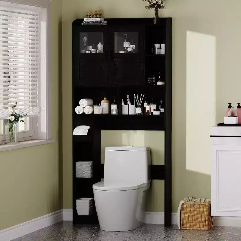 Adjustable Over Toilet Bathroom Storage Cabinet, Glass Door & Sliding Barn Doors, Above Toilet Storage with Anti-Tip Kit for Laundry Room, Bathroom