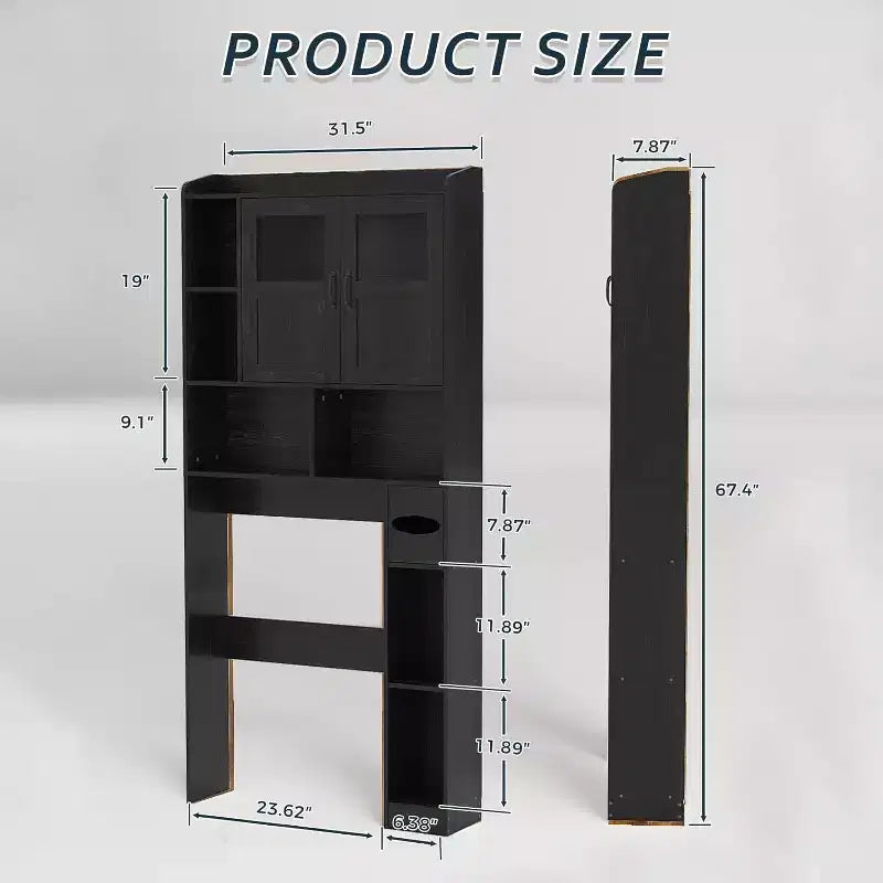 Meuble de rangement de salle de bain réglable au-dessus des toilettes, portes en verre et portes coulissantes de grange, rangement au-dessus des toilettes avec kit anti-basculement pour buanderie, salle de bain