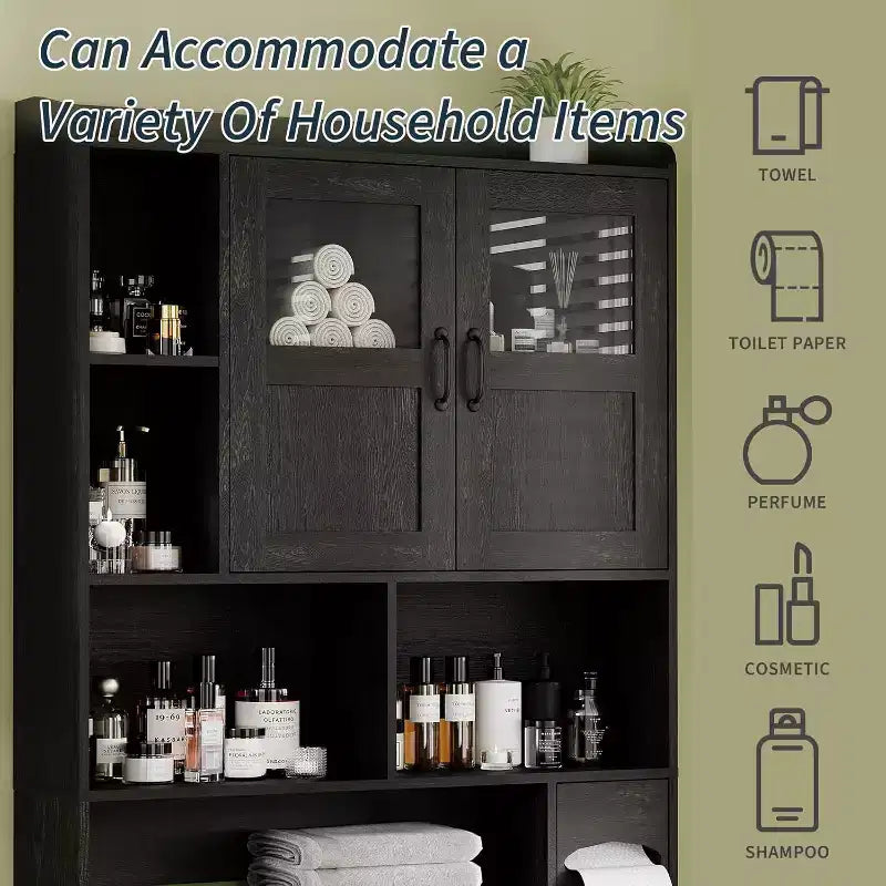 Meuble de rangement de salle de bain réglable au-dessus des toilettes, portes en verre et portes coulissantes de grange, rangement au-dessus des toilettes avec kit anti-basculement pour buanderie, salle de bain