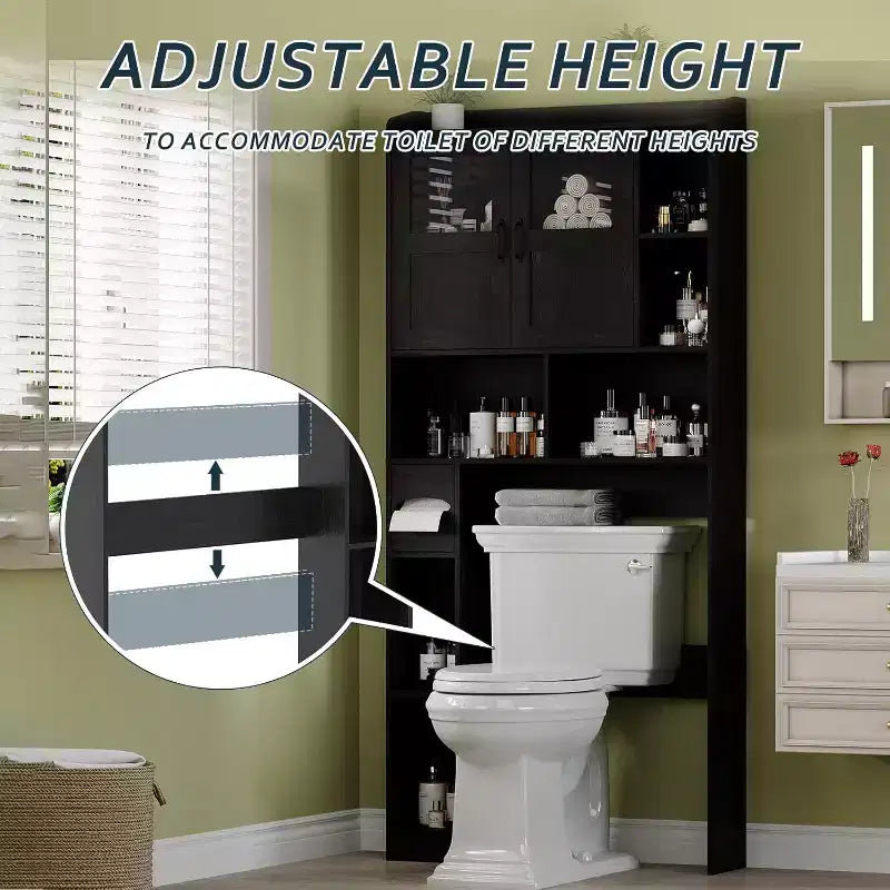 Meuble de rangement de salle de bain réglable au-dessus des toilettes, portes en verre et portes coulissantes de grange, rangement au-dessus des toilettes avec kit anti-basculement pour buanderie, salle de bain