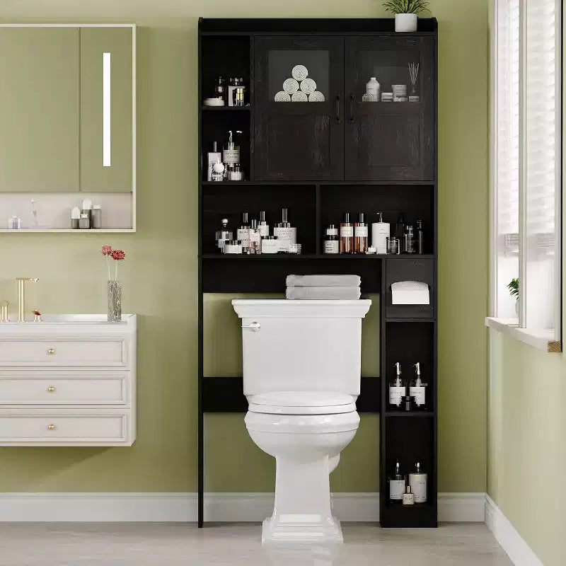 Meuble de rangement de salle de bain réglable au-dessus des toilettes, portes en verre et portes coulissantes de grange, rangement au-dessus des toilettes avec kit anti-basculement pour buanderie, salle de bain