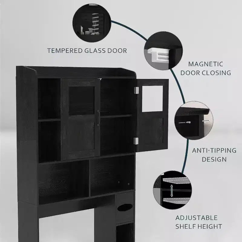 Meuble de rangement de salle de bain réglable au-dessus des toilettes, portes en verre et portes coulissantes de grange, rangement au-dessus des toilettes avec kit anti-basculement pour buanderie, salle de bain