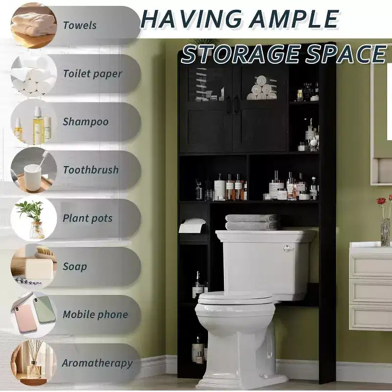 Meuble de rangement de salle de bain réglable au-dessus des toilettes, portes en verre et portes coulissantes de grange, rangement au-dessus des toilettes avec kit anti-basculement pour buanderie, salle de bain